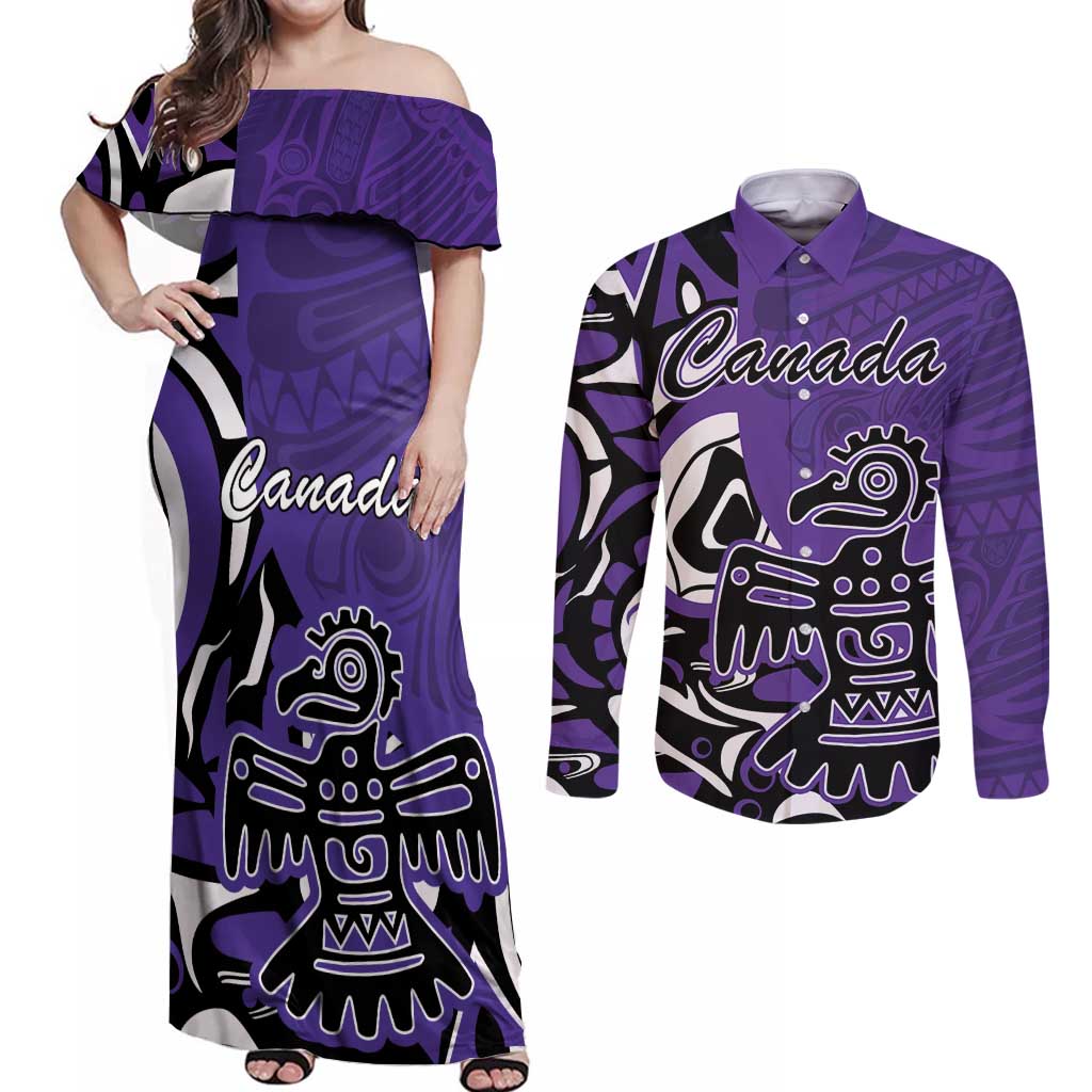 Personalized Canada Haida Eagle Couples Matching Off Shoulder Maxi Dress and Long Sleeve Button Shirt Purple Style - Wonder Print Shop