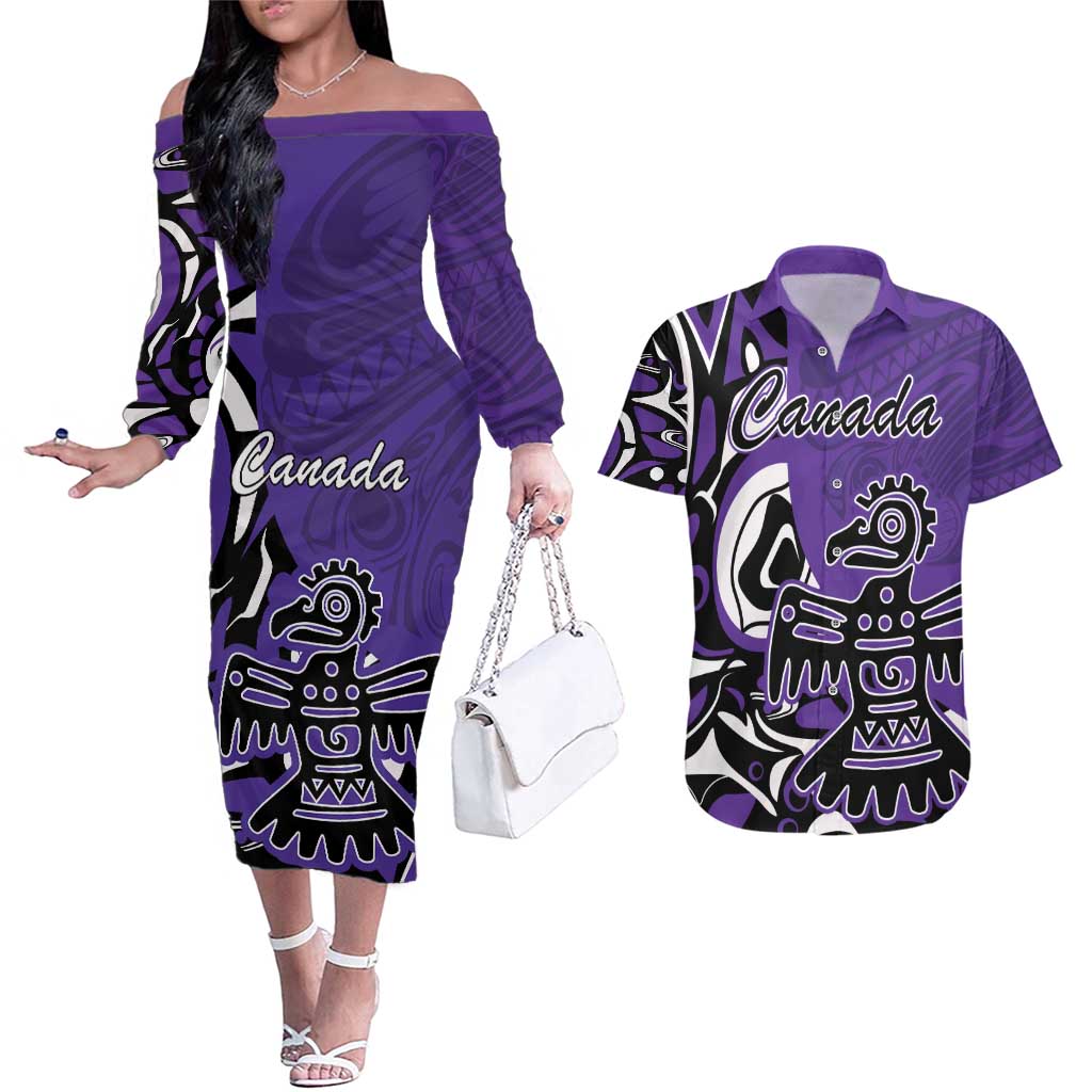 Personalized Canada Haida Eagle Couples Matching Off The Shoulder Long Sleeve Dress and Hawaiian Shirt Purple Style - Wonder Print Shop