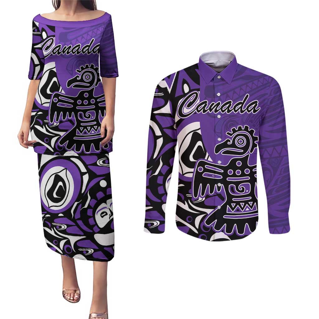 Personalized Canada Haida Eagle Couples Matching Puletasi and Long Sleeve Button Shirt Purple Style - Wonder Print Shop