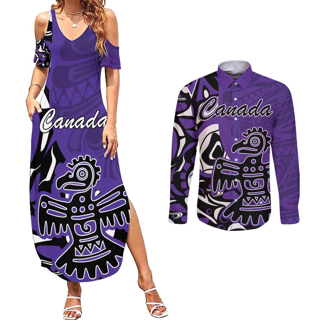 Personalized Canada Haida Eagle Couples Matching Summer Maxi Dress and Long Sleeve Button Shirt Purple Style - Wonder Print Shop