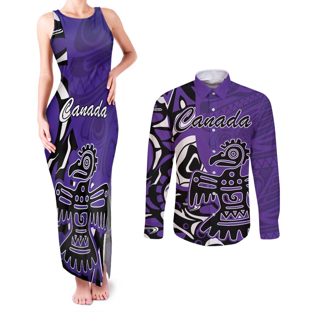 Personalized Canada Haida Eagle Couples Matching Tank Maxi Dress and Long Sleeve Button Shirt Purple Style - Wonder Print Shop