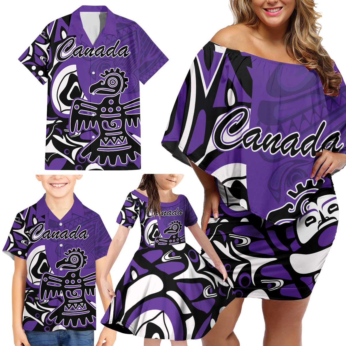 Personalized Canada Haida Eagle Family Matching Off Shoulder Short Dress and Hawaiian Shirt Purple Style - Wonder Print Shop