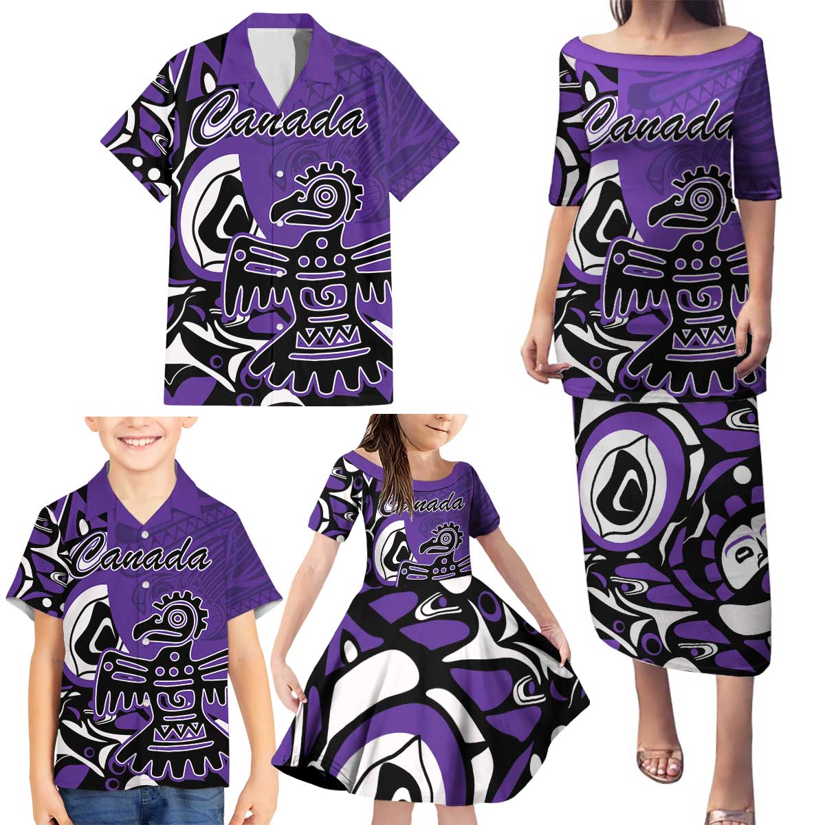 Personalized Canada Haida Eagle Family Matching Puletasi and Hawaiian Shirt Purple Style - Wonder Print Shop