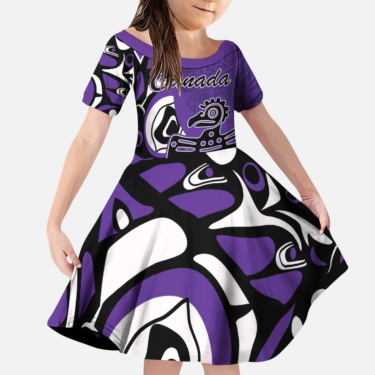 Personalized Canada Haida Eagle Kid Short Sleeve Dress Purple Style - Wonder Print Shop