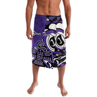 Purple patterned swim shorts with black and white tribal eagle graphic