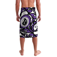 Purple, black, and white tribal graphic swim shorts, straight-on back view