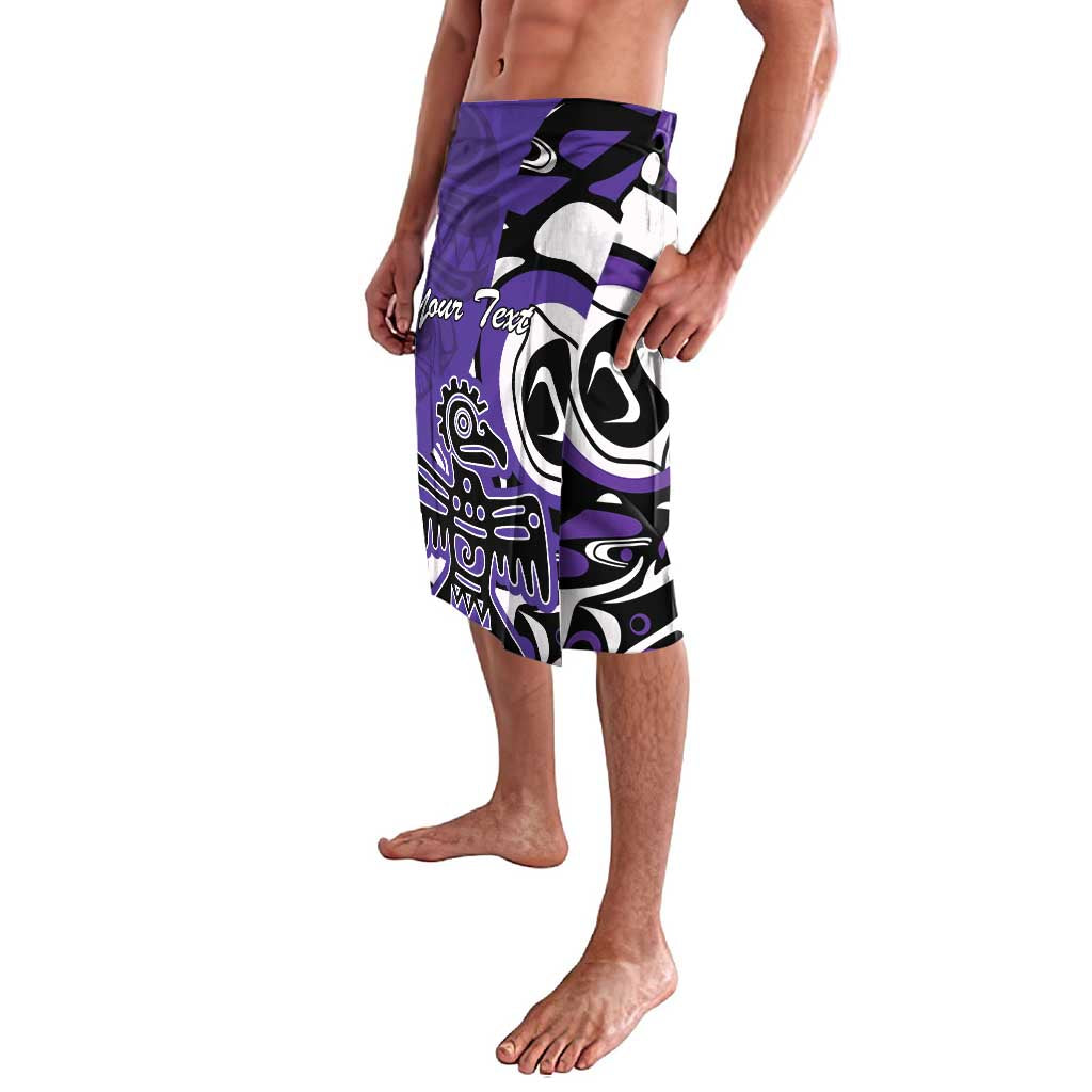 Purple patterned swim shorts with tribal eagle graphic, side view