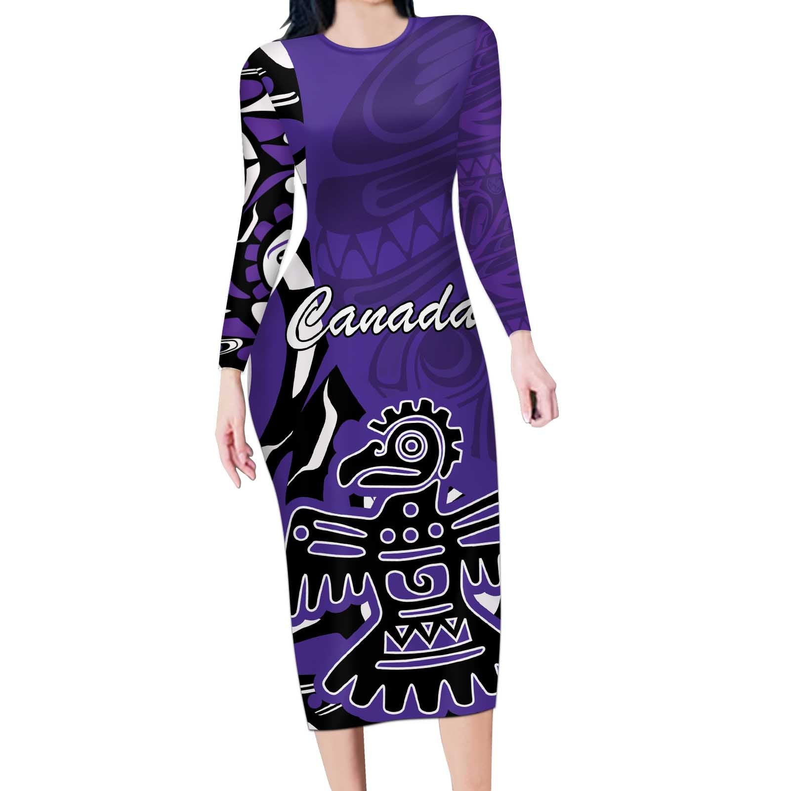 Personalized Canada Haida Eagle Long Sleeve Bodycon Dress Purple Style - Wonder Print Shop