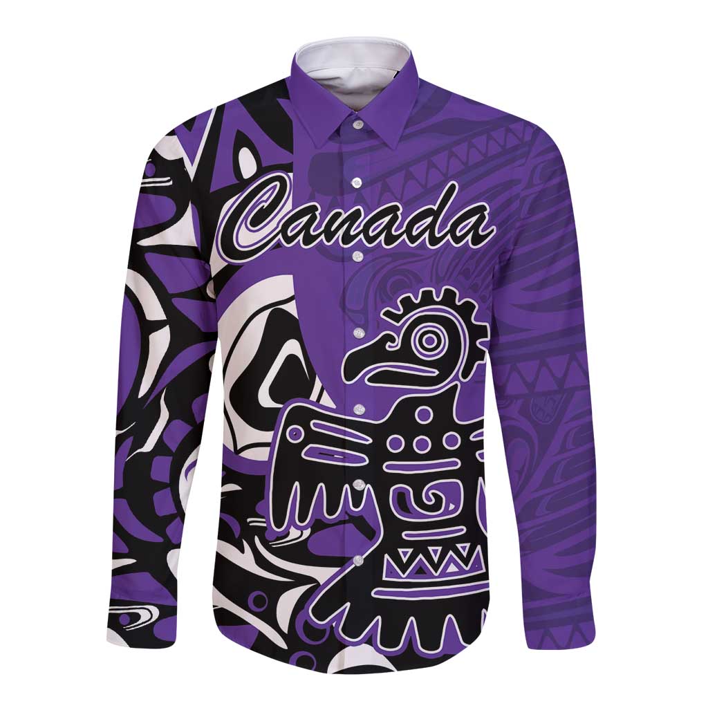 Purple long sleeve button shirt with bold Haida eagle graphic and Canada text