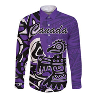 Purple long sleeve button shirt with bold Haida eagle graphic and Canada text