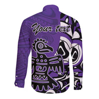 Purple long sleeve button shirt with Haida eagle back graphic and Your text
