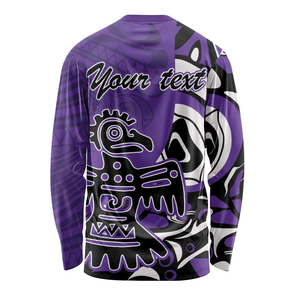Purple long-sleeve shirt with Haida-style eagle graphic and back text, crew neck