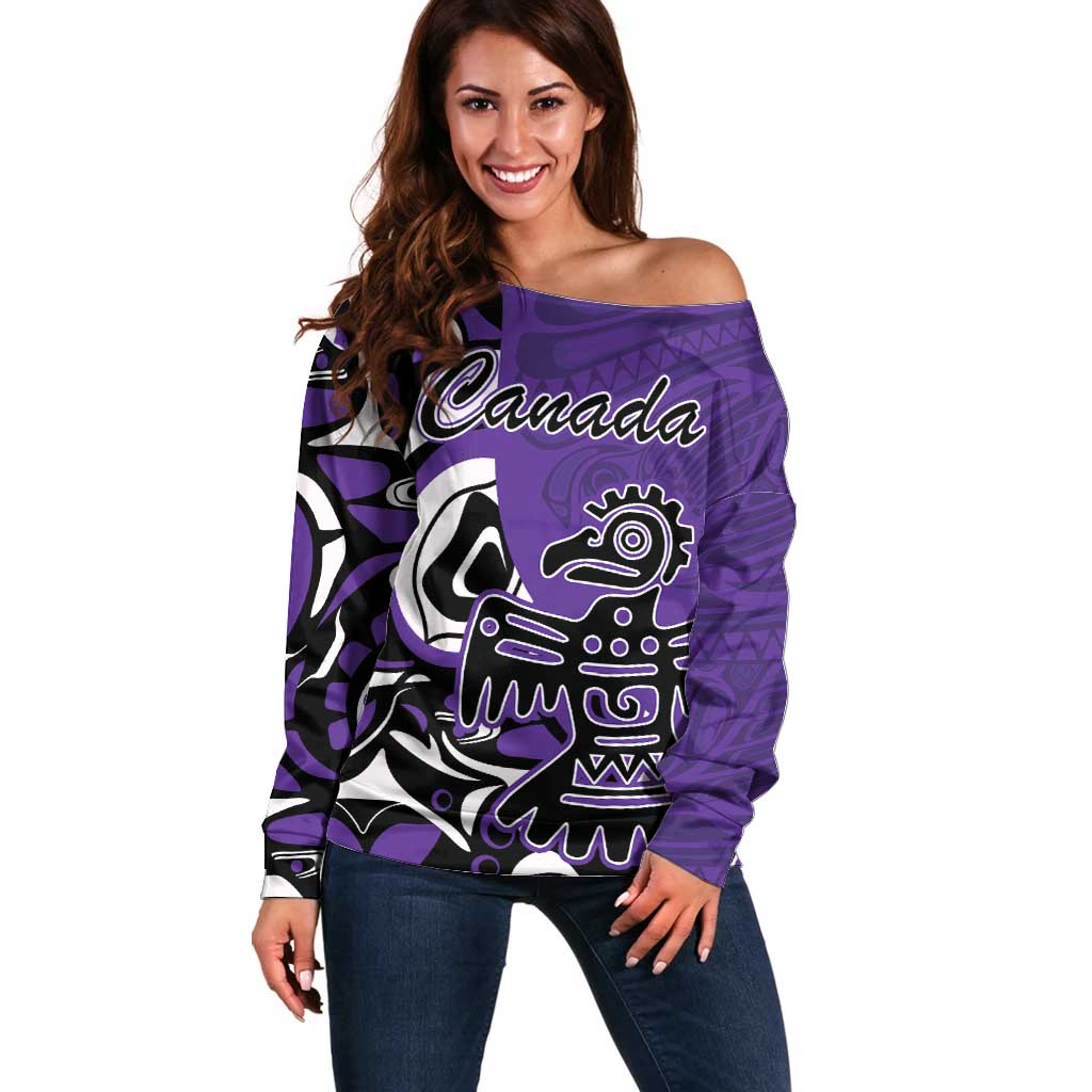 Personalized Canada Haida Eagle Off Shoulder Sweater Purple Style - Wonder Print Shop