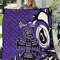 Purple quilt with custom text and Haida-style eagle graphic, black and white accents