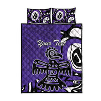 Purple quilt bed set with black-and-white eagle motif and “Your Text” script.