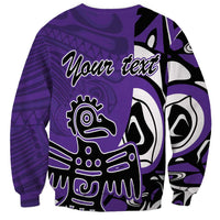 Purple crewneck sweatshirt with Haida-style eagle graphic and custom text