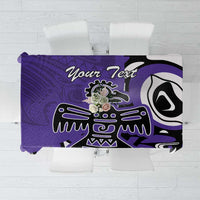 Purple personalized tablecloth with bold tribal graphic and “Your Text” banner