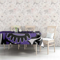 Purple tablecloth with black-and-white tribal pattern and purple accents