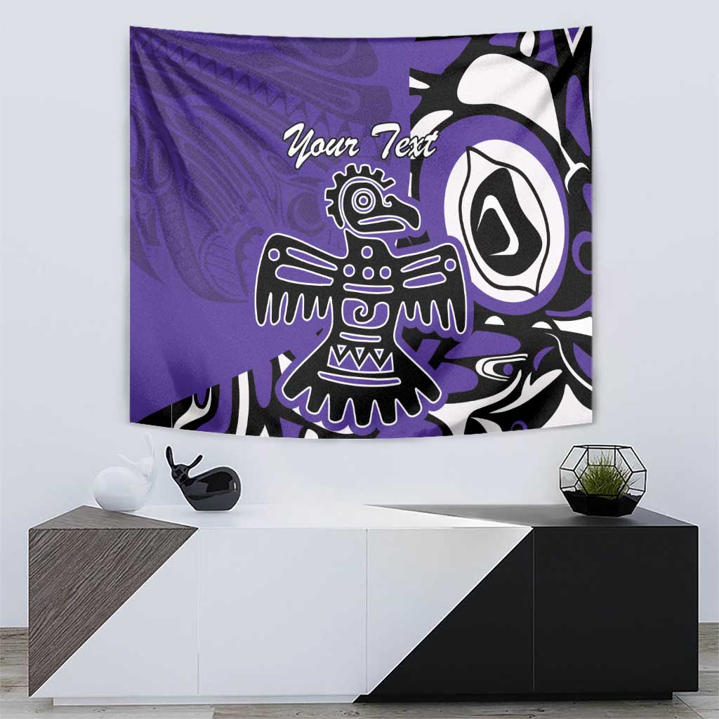Purple Haida eagle tapestry with large tribal graphic and customizable text