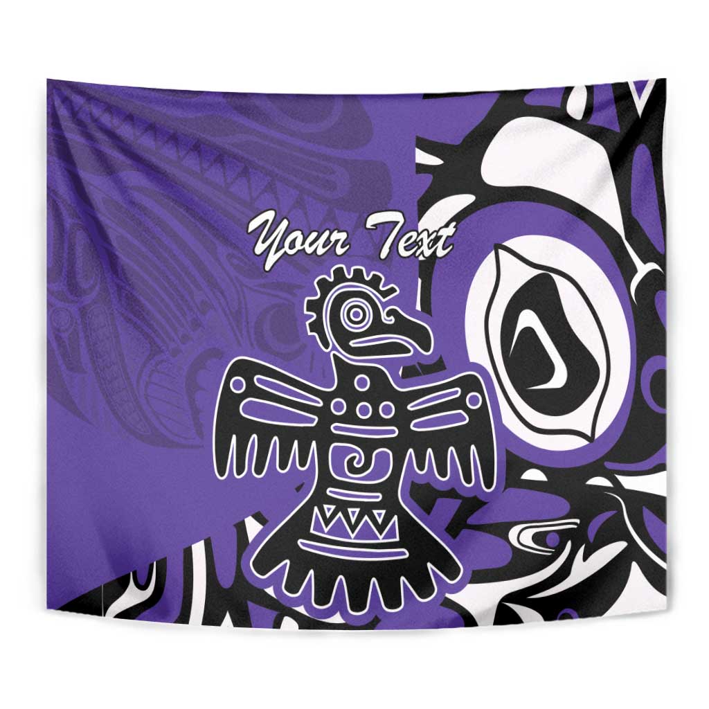 Purple Haida eagle tapestry close-up with tribal bird figure and custom text