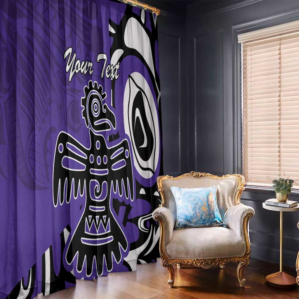 Purple window curtain with large Haida eagle motif, Your Text wording, and bold contrast