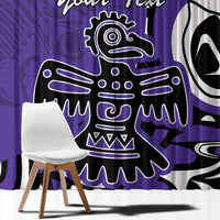 Purple curtain close-up with bold Haida eagle graphic, Your Text script, and white accents