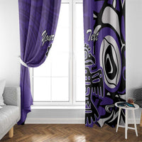 Purple drapes at white door window, with Haida eagle motif and Your Text script on panel
