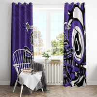 Purple window curtains with Haida eagle design, Your Text script, and wide panel view