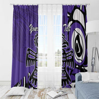 Purple grommet-top window curtains with Haida eagle motif, Your Text, and white contrast
