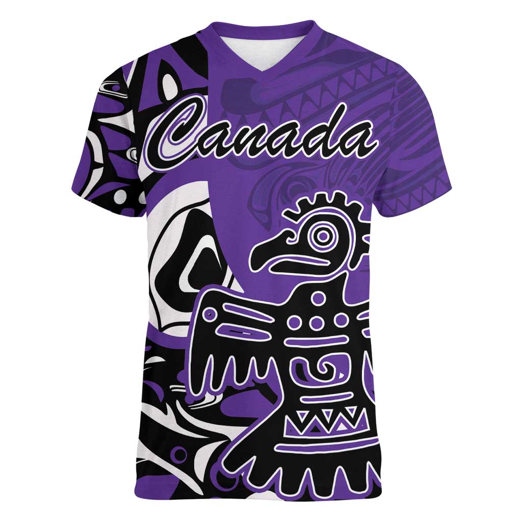 Personalized Canada Haida Eagle Women V-Neck T-Shirt Purple Style