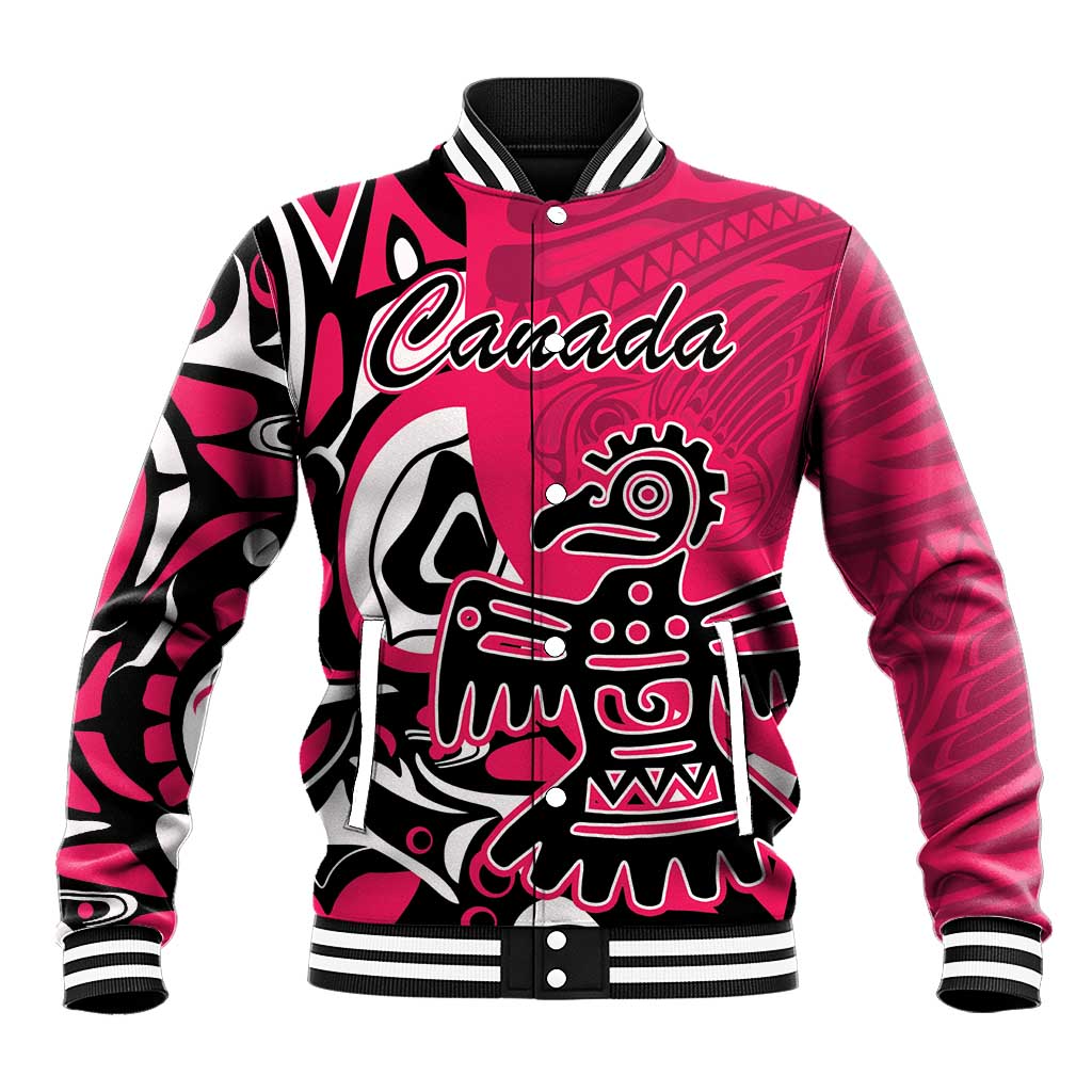 Pink baseball jacket with black/white eagle graphic, snap front, ribbed collar