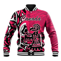 Pink baseball jacket with black/white eagle graphic, snap front, ribbed collar
