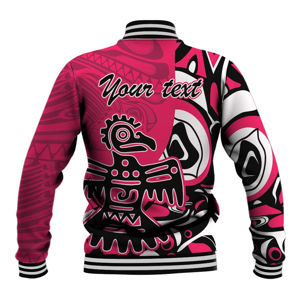 Pink baseball jacket with black/white eagle graphic on back, ribbed cuffs and hem