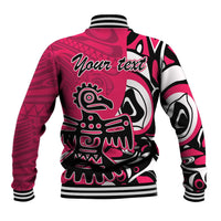 Pink baseball jacket with black/white eagle graphic on back, ribbed cuffs and hem