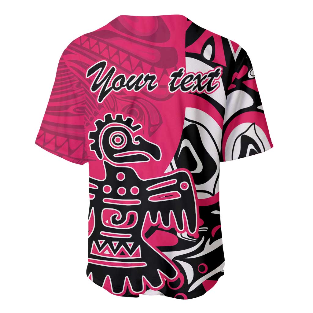 Pink baseball jersey back with "Your text" script and Haida eagle graphic, button V-neck