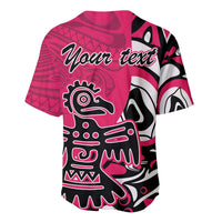 Pink baseball jersey back with "Your text" script and Haida eagle graphic, button V-neck