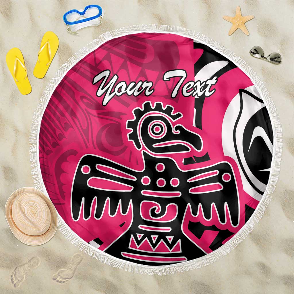 Top-view round pink beach blanket with 'Your Text' and eagle graphic, black and white, fringe