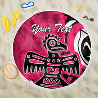 Top-view round pink beach blanket with 'Your Text' and eagle graphic, black and white, fringe