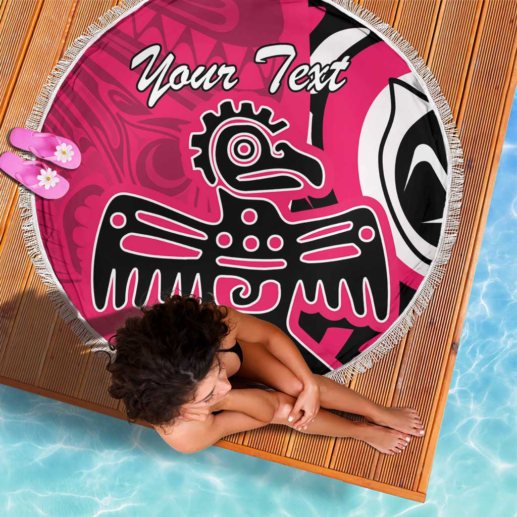 Overhead round pink beach blanket with 'Your Text' and eagle graphic, black and white, fringe