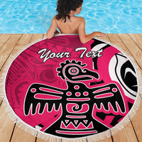 Round pink beach blanket with 'Your Text' and eagle graphic in black and white, fringed edge