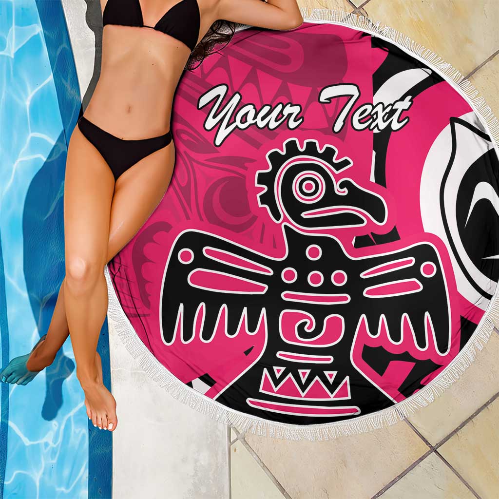 Round pink beach blanket with 'Your Text' and eagle graphic in black and white, white fringe