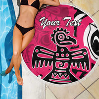 Round pink beach blanket with 'Your Text' and eagle graphic in black and white, white fringe