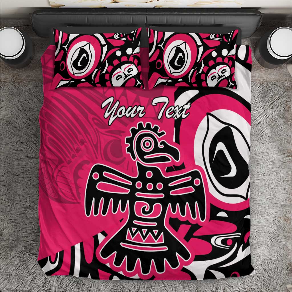 Pink duvet cover with 'Your Text' and black-and-white eagle illustration