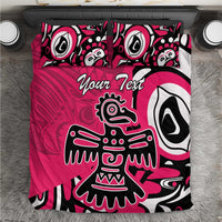 Pink duvet cover with 'Your Text' and black-and-white eagle illustration