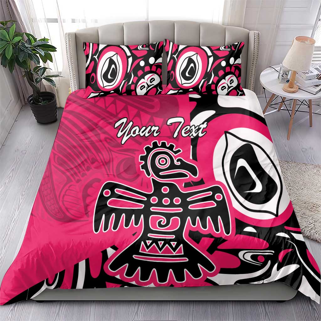 Pink bedding set with duvet and two pillowcases featuring eagle graphic