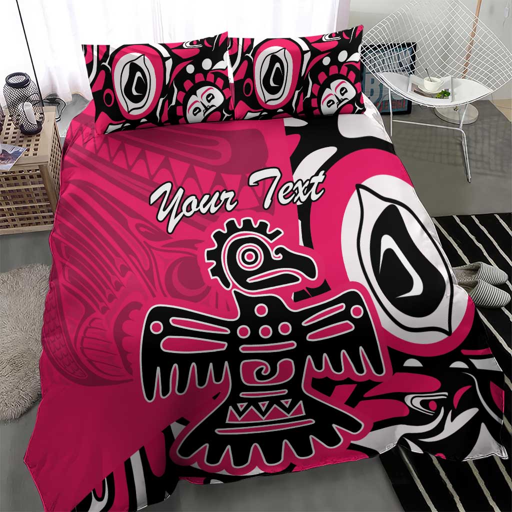 Pink duvet cover with 'Your Text' and bold black-and-white eagle artwork