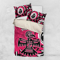 Pink bedding set with duvet cover and two pillowcases, 'Your Text' on eagle print