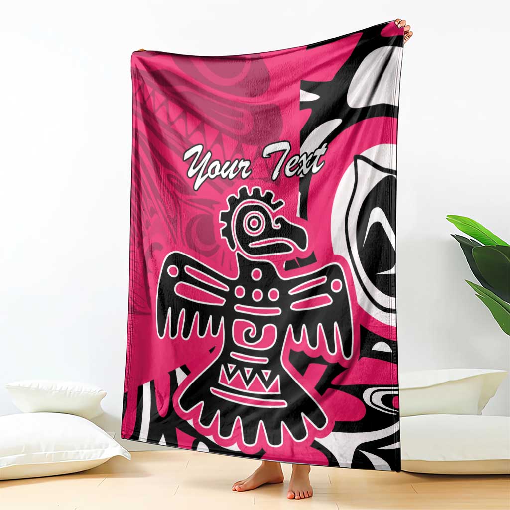 Pink throw blanket draped display with white-and-black eagle graphic and 'Your Text'.