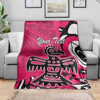 Pink throw blanket with bold white-and-black eagle artwork and 'Your Text' across center.