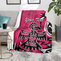 Pink personalized throw blanket with Haida-style eagle graphic in white and black, 'Your Text'.